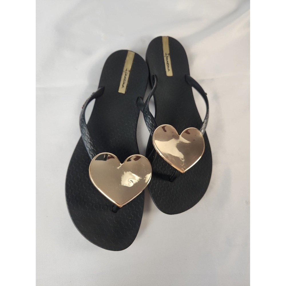 Ipanema Wave Heart Flip Flops Thong Sandals Slip On Black Gold Womens Size 8 EUC